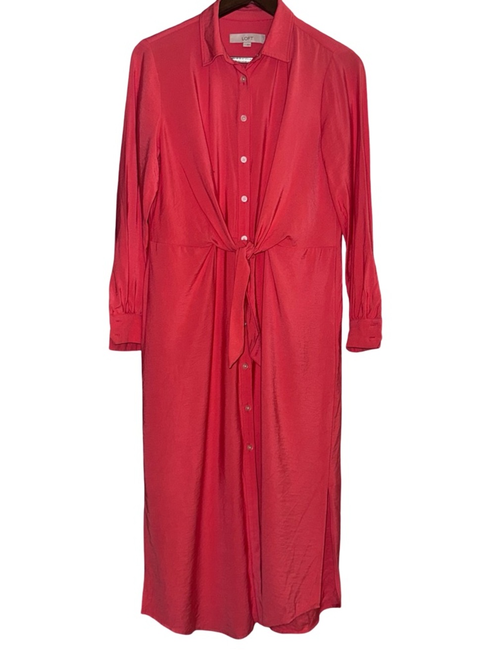 LOFT Size 4 coral Tie Waist Midi Shirt Dress Button Front Lightweight Resort - Picture 2 of 5